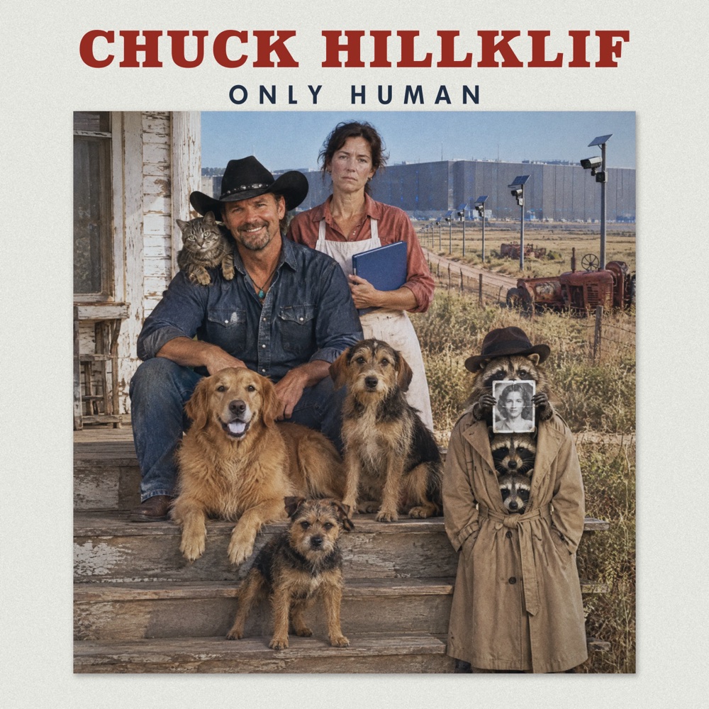 Only Human album cover: Chuck on the porch steps with Tammy, the three dogs, the cat on his shoulder, and three raccoons in a trench coat, a data center behind them